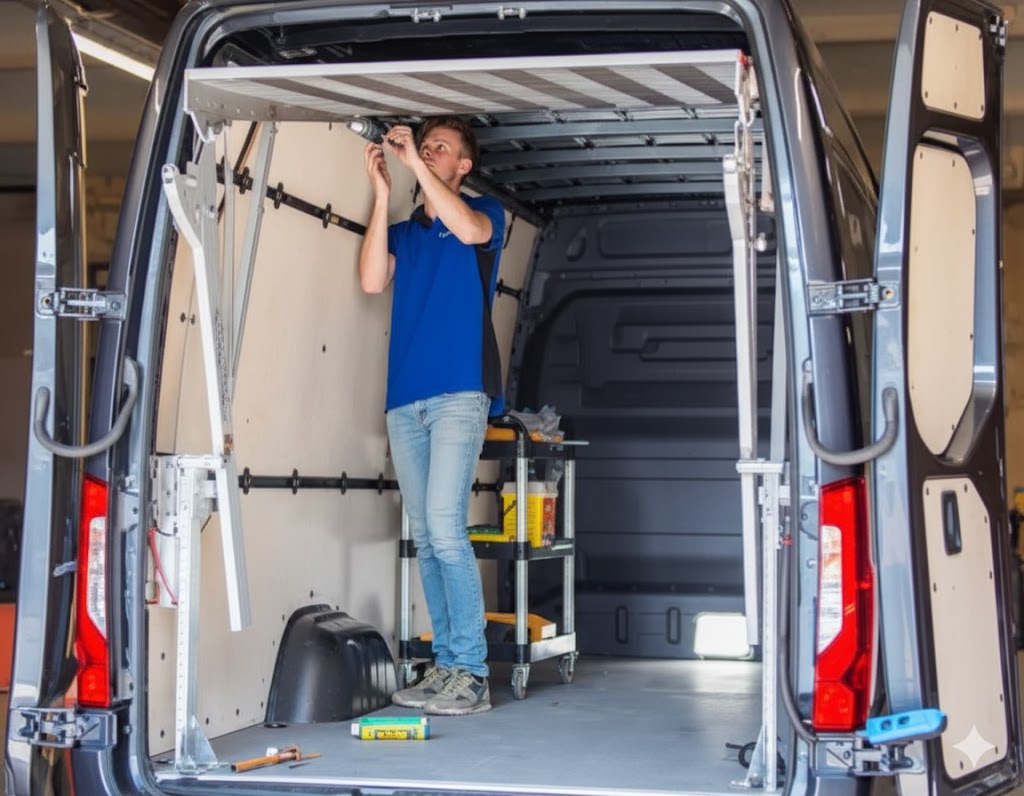 Monteur installeert EasyLoader laadklep aan het plafond van een bestelbus, met open achterdeuren en gereedschapskar op de achtergrond.