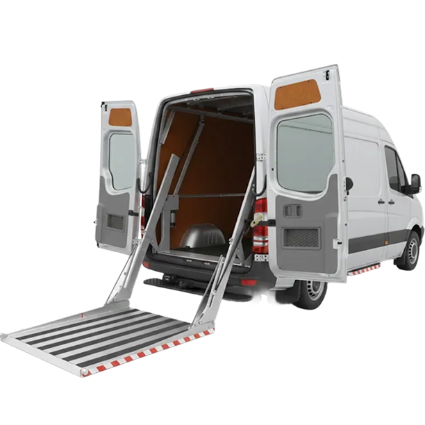 Witte bestelbus met uitgeklapte EasyLoader laadklep