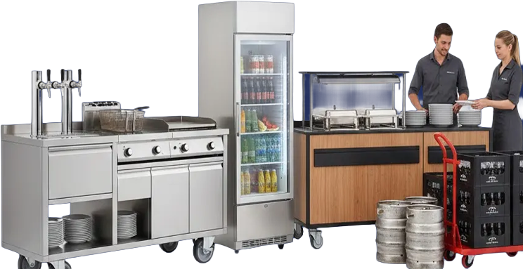 Professionele keukenapparatuur en cateringuitrusting met personeel.